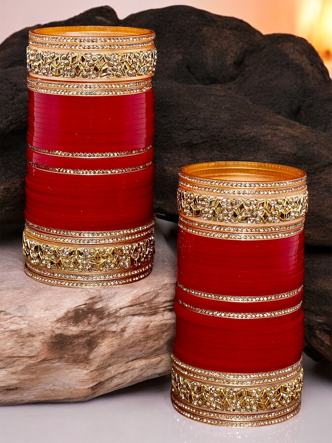 

LUCKY JEWELLERY Gold-Toned & Maroon Kundan & CZ Studded Chura Bangle Set