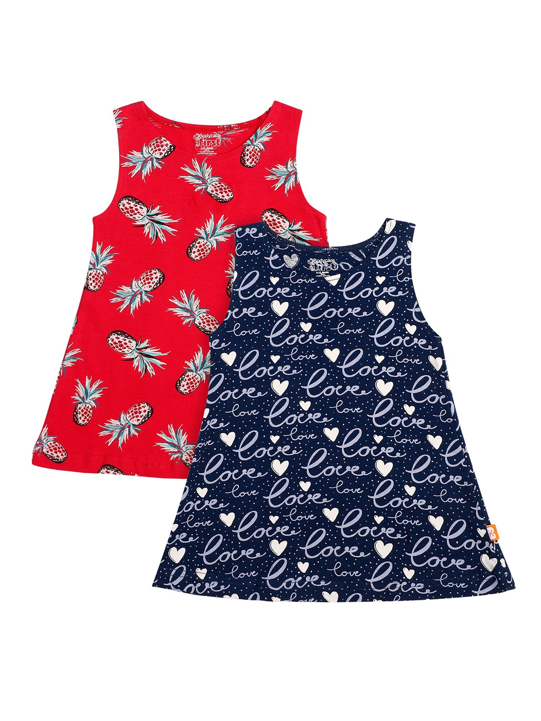 

Bodycare Pack of 2 Girls Red & Navy Blue Printed Cotton A-Line Dress