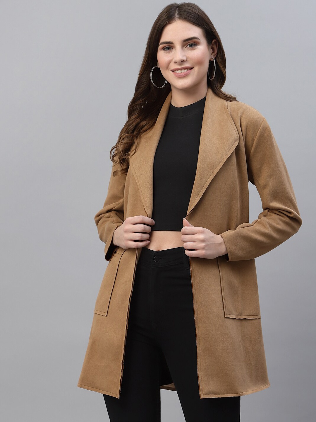 

HOUSE OF KKARMA Women Brown Longline Open Front Jacket