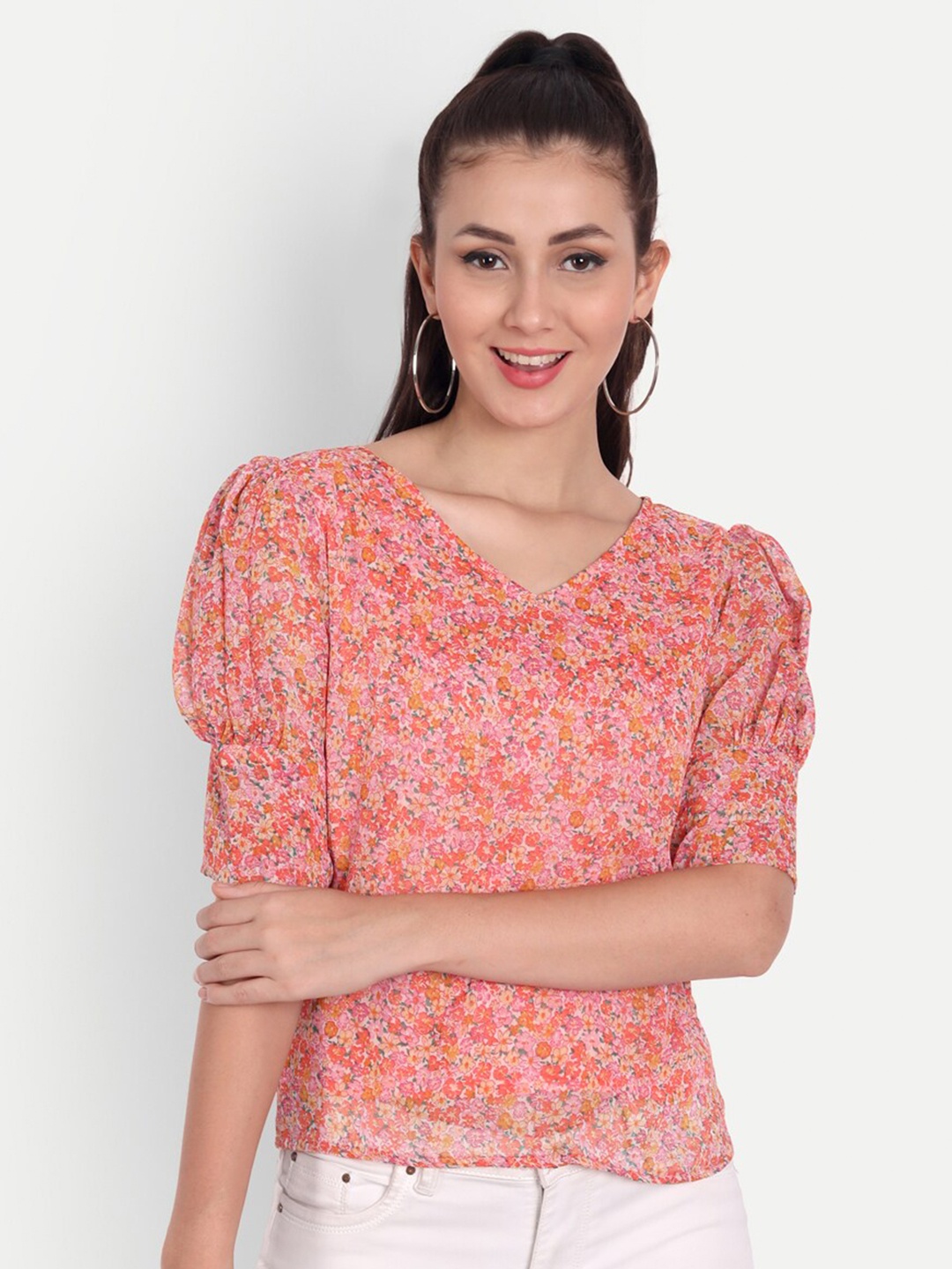 

ISAM Women Pink Floral Print Chiffon Top