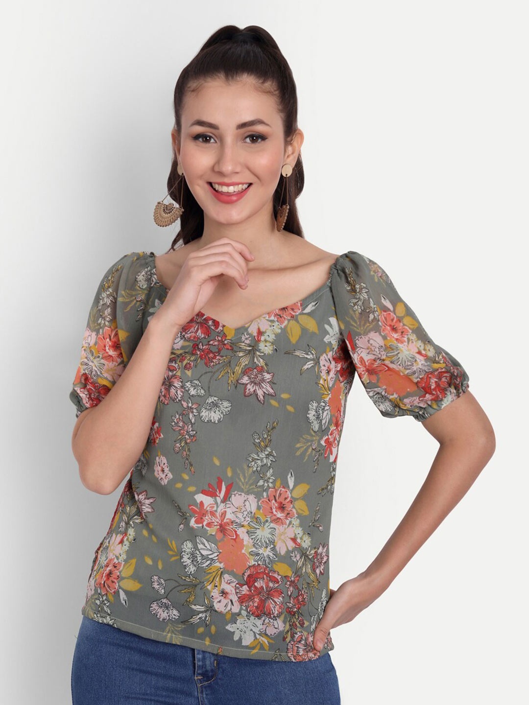 

ISAM Green Floral Print Sweetheart Neck Chiffon Top