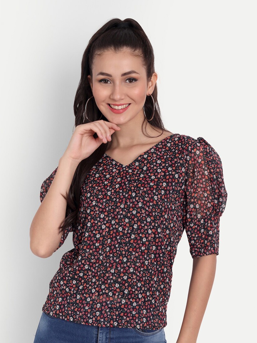 

ISAM Black Floral Print Chiffon Shirt Style Top