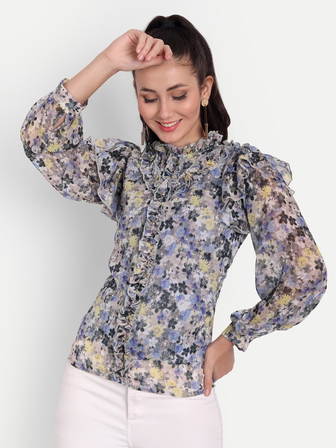 

ISAM Grey & Blue Floral Print Ruffles Chiffon Top