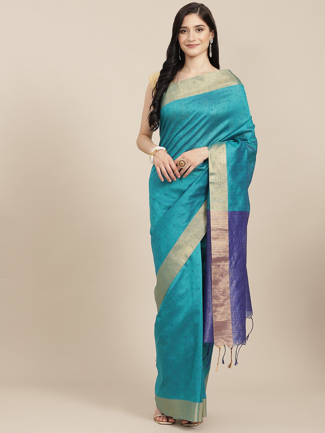 

VISHNU WEAVES Teal Green Bandhani Print Saree
