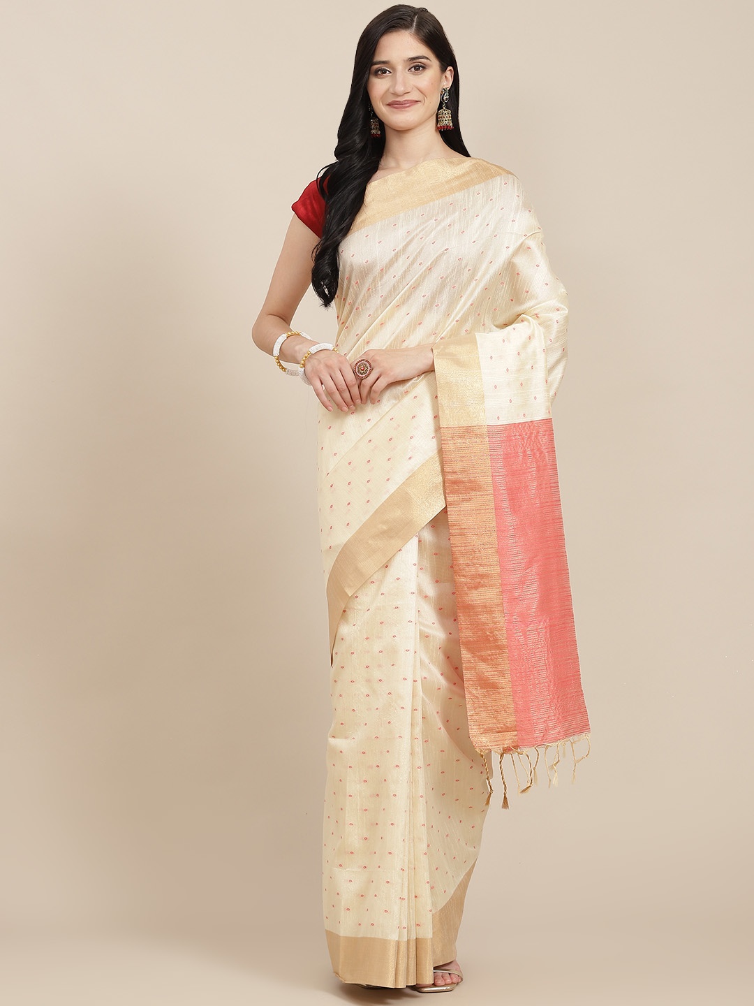 

VISHNU WEAVES Off White Bandhani Print Saree