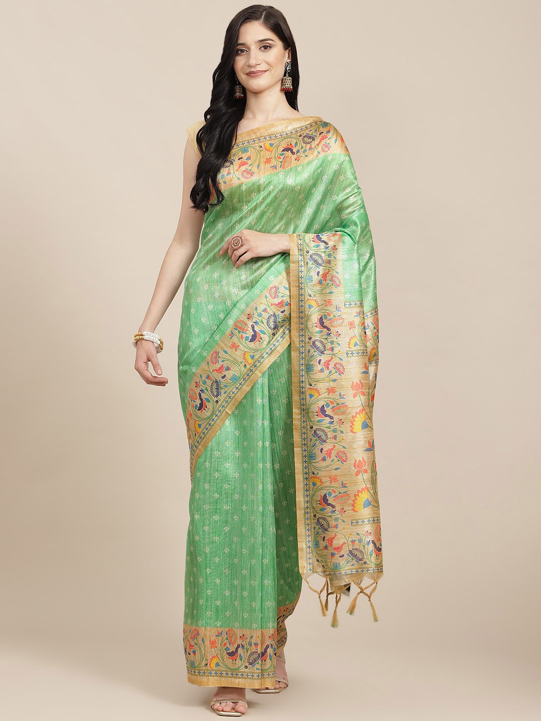 

VISHNU WEAVES Green Kalamkari Tussar Silk Paithani Saree