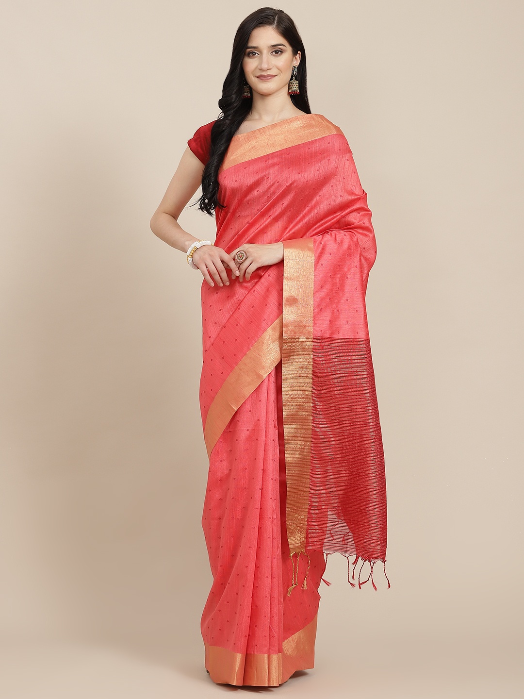 

VISHNU WEAVES Coral Pink Bandhani Print Saree