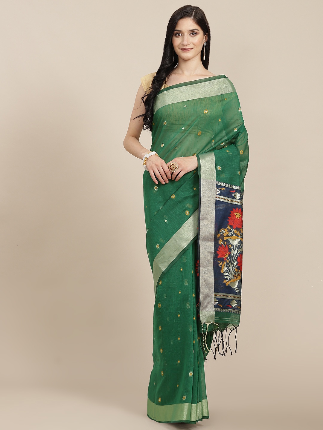 

VISHNU WEAVES Green & Blue Ethnic Motifs Zari Pure Linen Saree