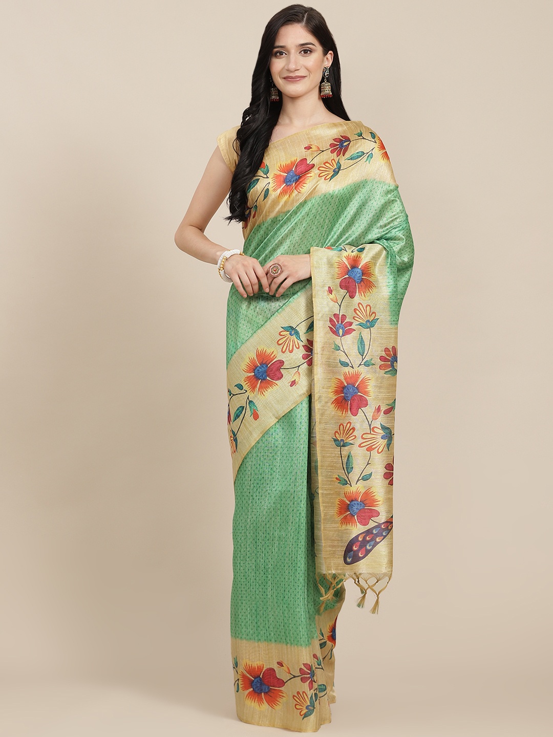 

VISHNU WEAVES Green Kalamkari Tussar Silk Paithani Saree