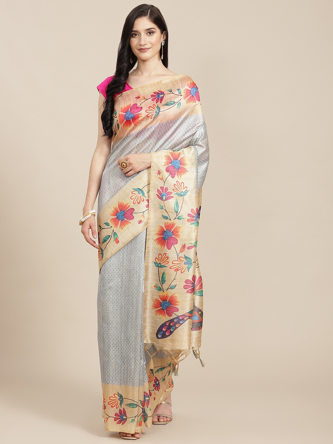 

VISHNU WEAVES Grey & Beige Ethnic Motifs Tussar Silk Saree