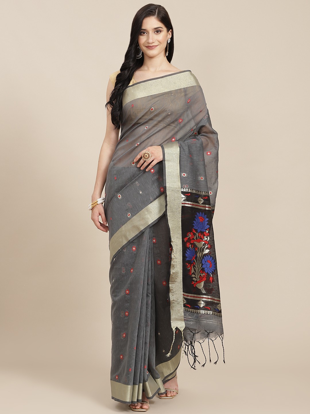 

VISHNU WEAVES Grey Woven Design Pure Linen Jamdani Saree