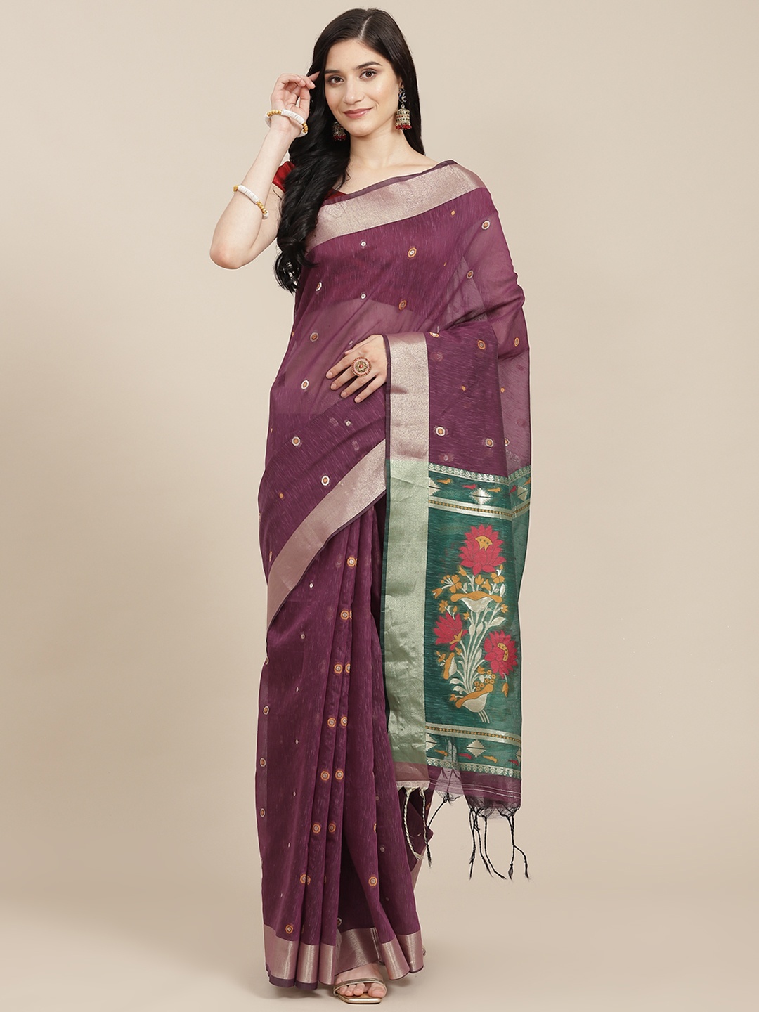 

VISHNU WEAVES Magenta & Green Ethnic Motifs Zari Pure Linen Saree