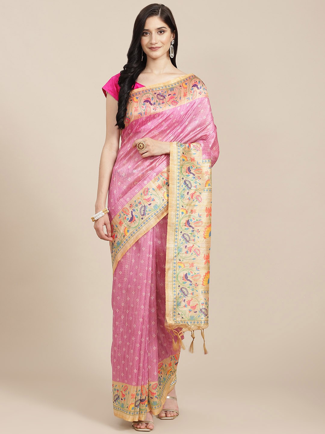 

VISHNU WEAVES Pink Ethnic Motifs Tussar Silk Paithani Saree