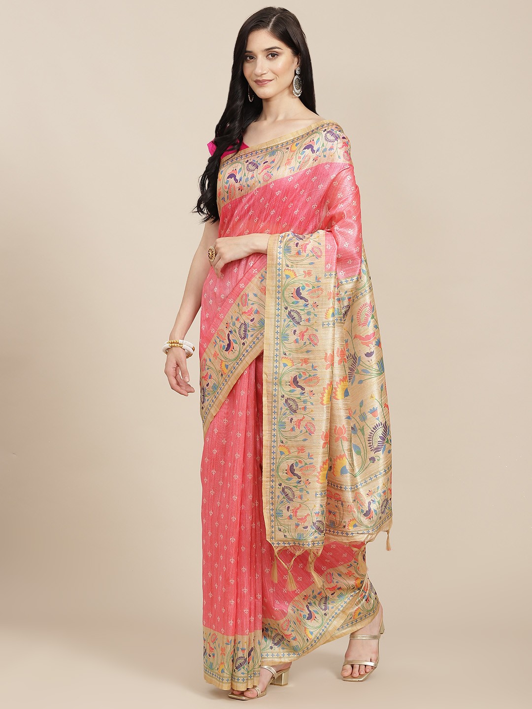 

VISHNU WEAVES Pink & Beige Ethnic Motifs Jute Silk Saree