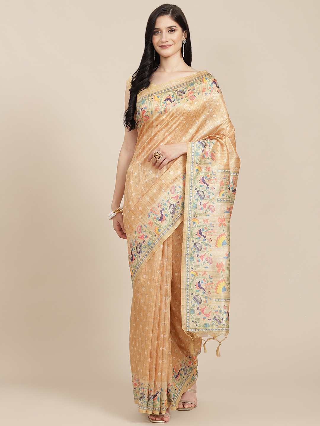 

VISHNU WEAVES Yellow Ethnic Motifs Tussar Silk Saree