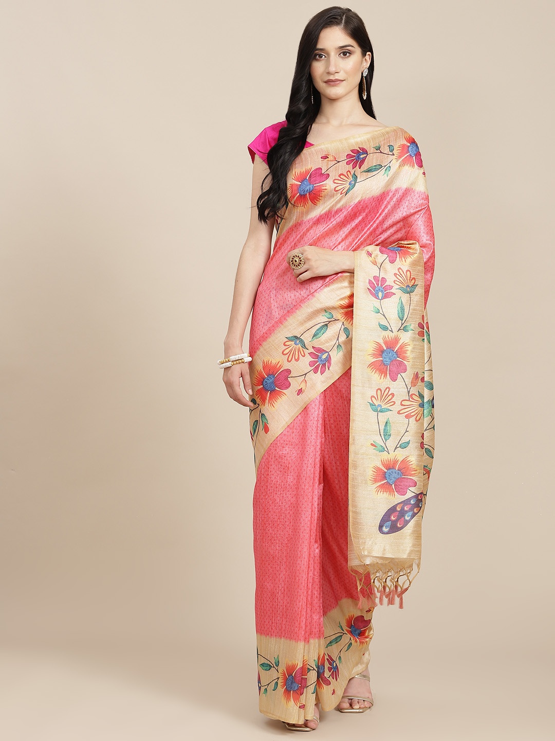 

VISHNU WEAVES Pink & Beige Ethnic Motifs Tussar Silk Saree