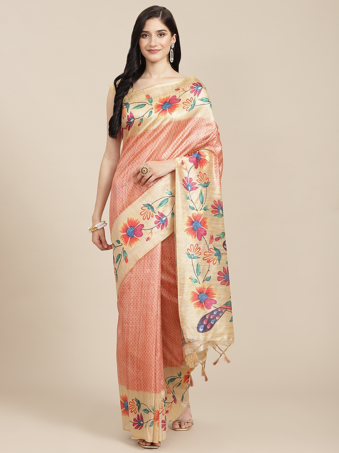 

VISHNU WEAVES Peach-Coloured Ethnic Motifs Tussar Silk Saree
