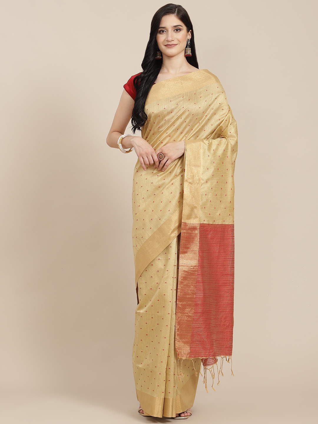 

VISHNU WEAVES Cream-Coloured Bandhani Print Saree