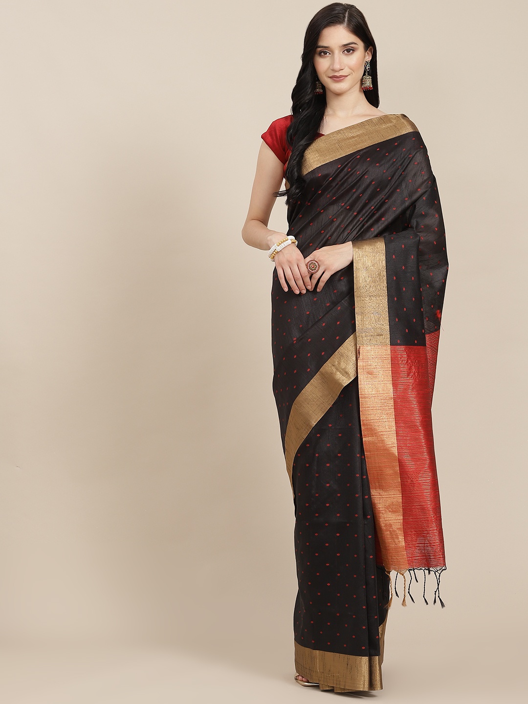 

VISHNU WEAVES Black Bandhani Print Saree