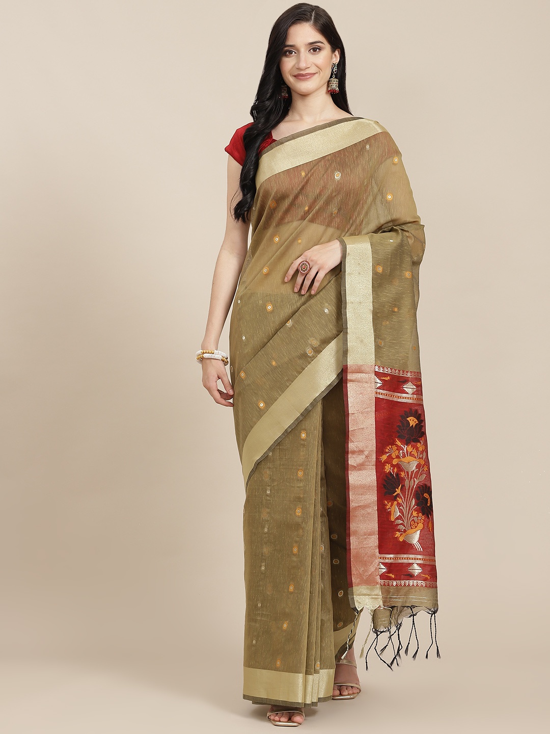 

VISHNU WEAVES Olive Green Woven Design Pure Linen Jamdani Saree