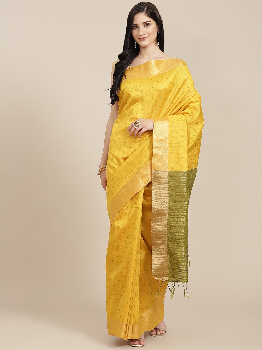 

VISHNU WEAVES Yellow & Olive Green Ethnic Motif Zari Silk Blend Saree