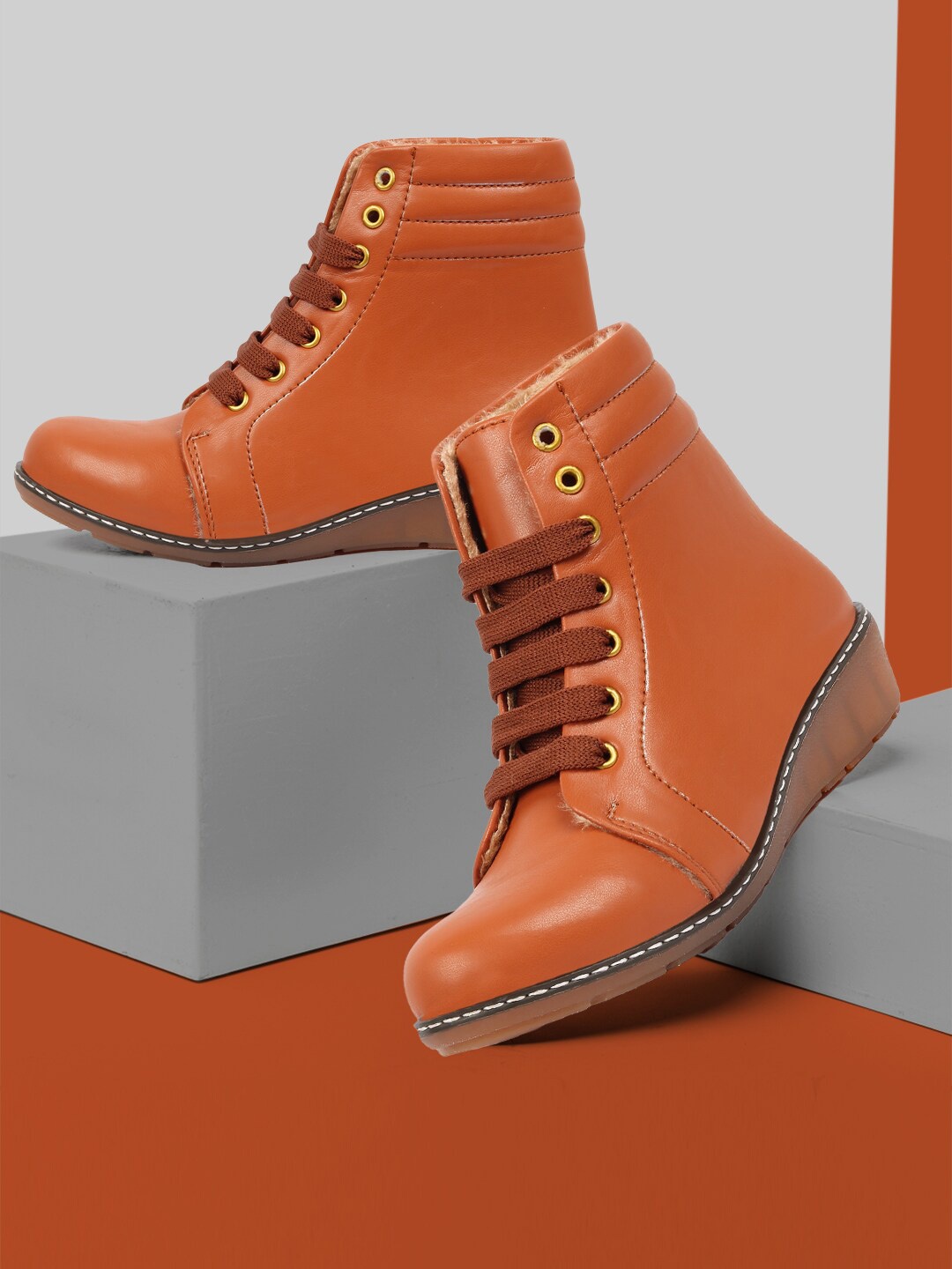 

ZAPATOZ Women Tan Brown Solid Lace-Ups PU Heel Boots