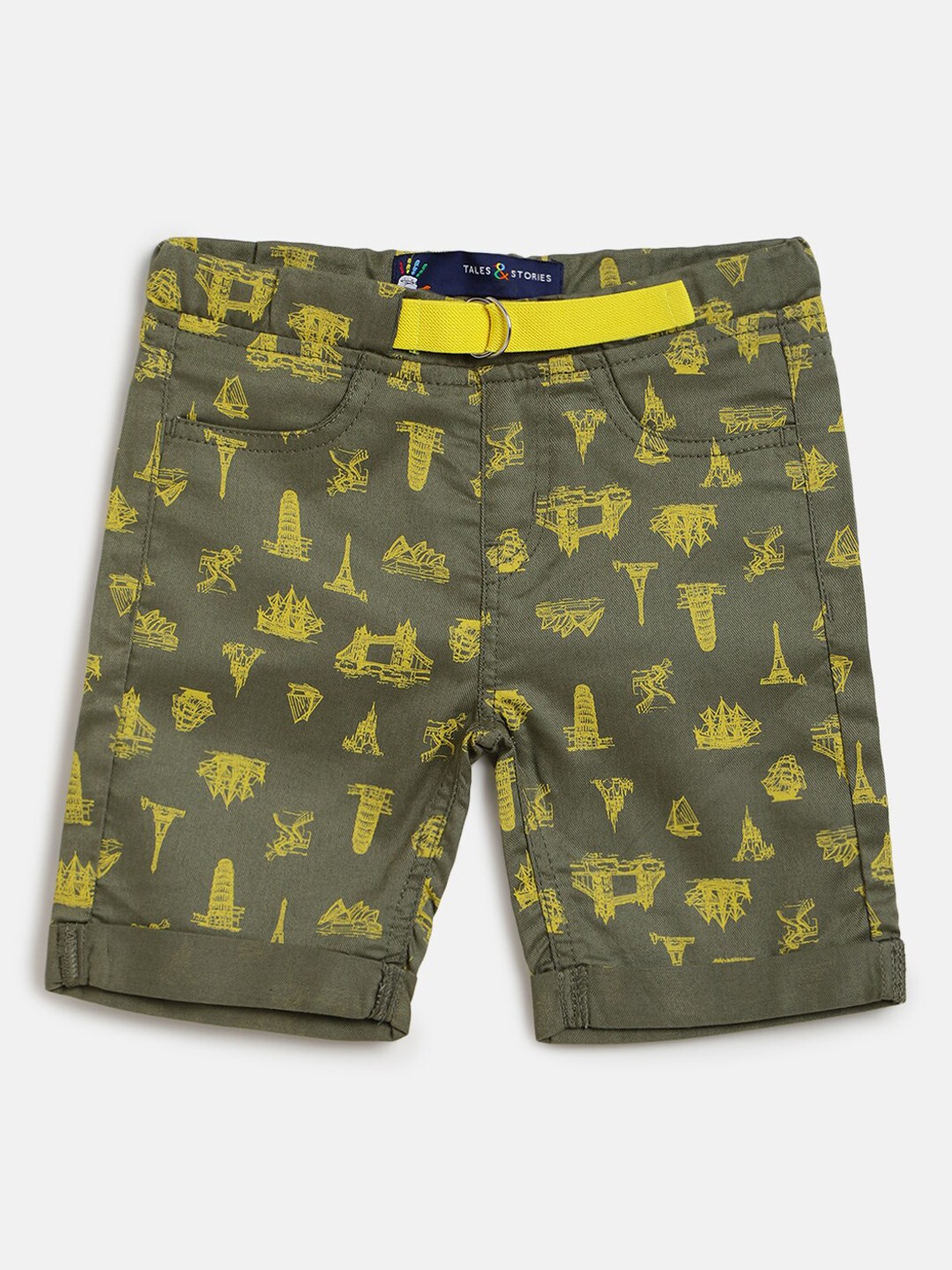 

TALES & STORIES Boys Olive Green Conversational Printed Cotton Shorts