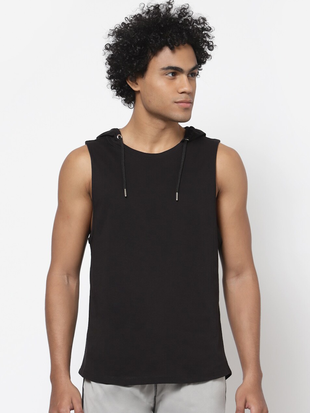

YOONOY Men Black Hooded Sleeveless Gym Workout T-shirt