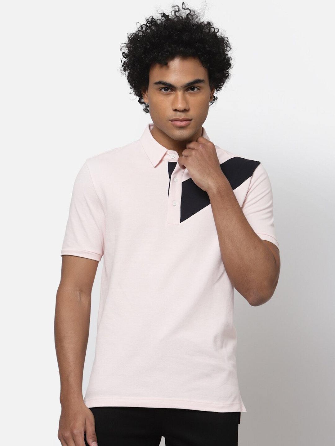 

YOONOY Men Pink & Black Colourblocked Cotton Polo Collar Slim Fit T-shirt