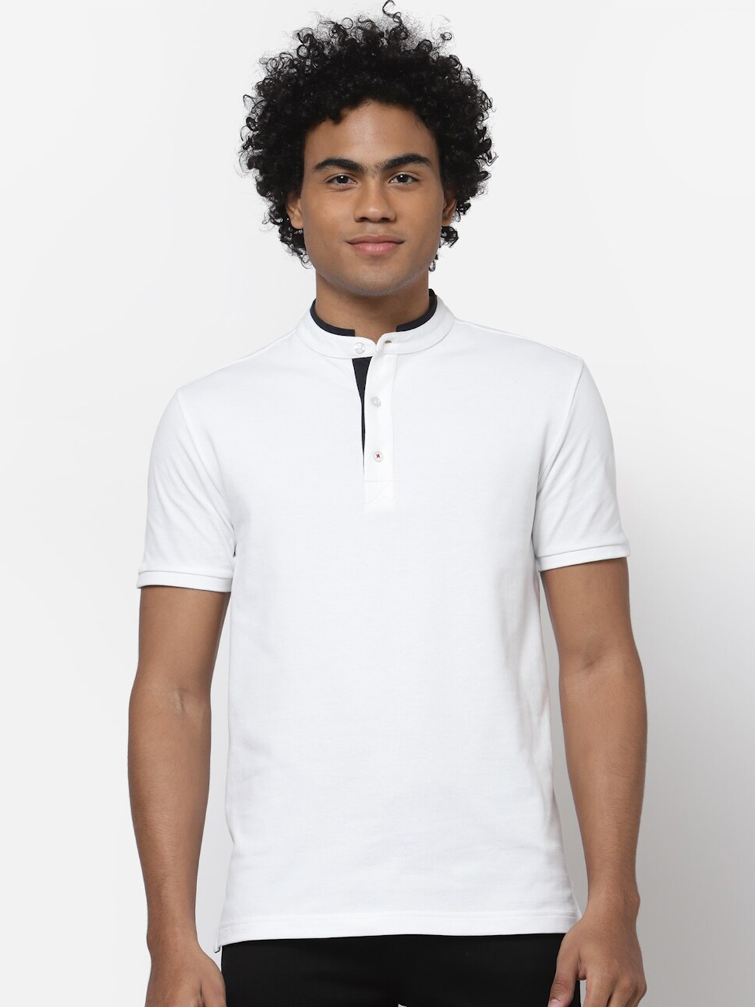 

YOONOY Men White Mandarin Collar Slim Fit T-shirt