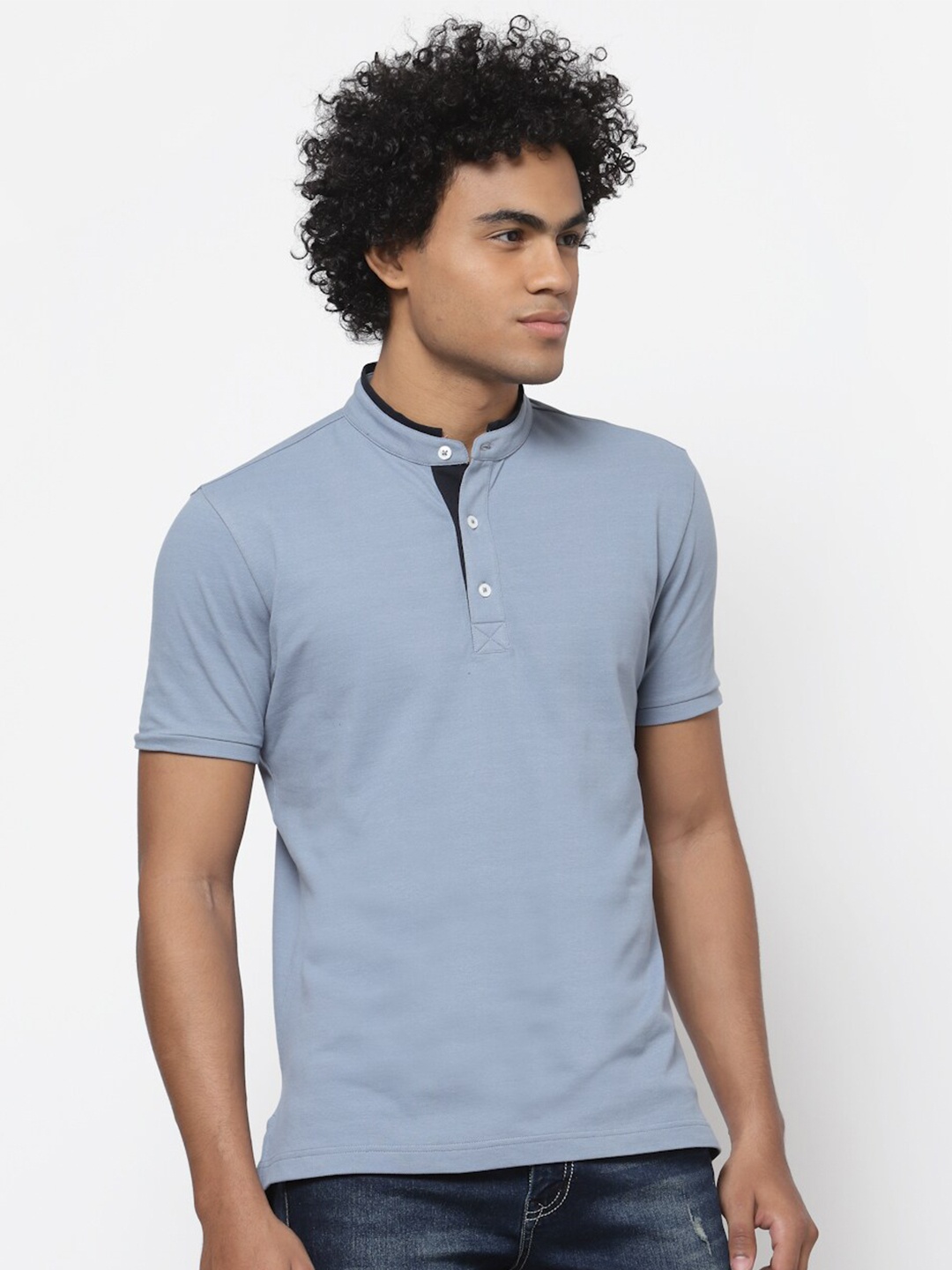 

YOONOY Men Blue Band Collar Slim Fit T-shirt