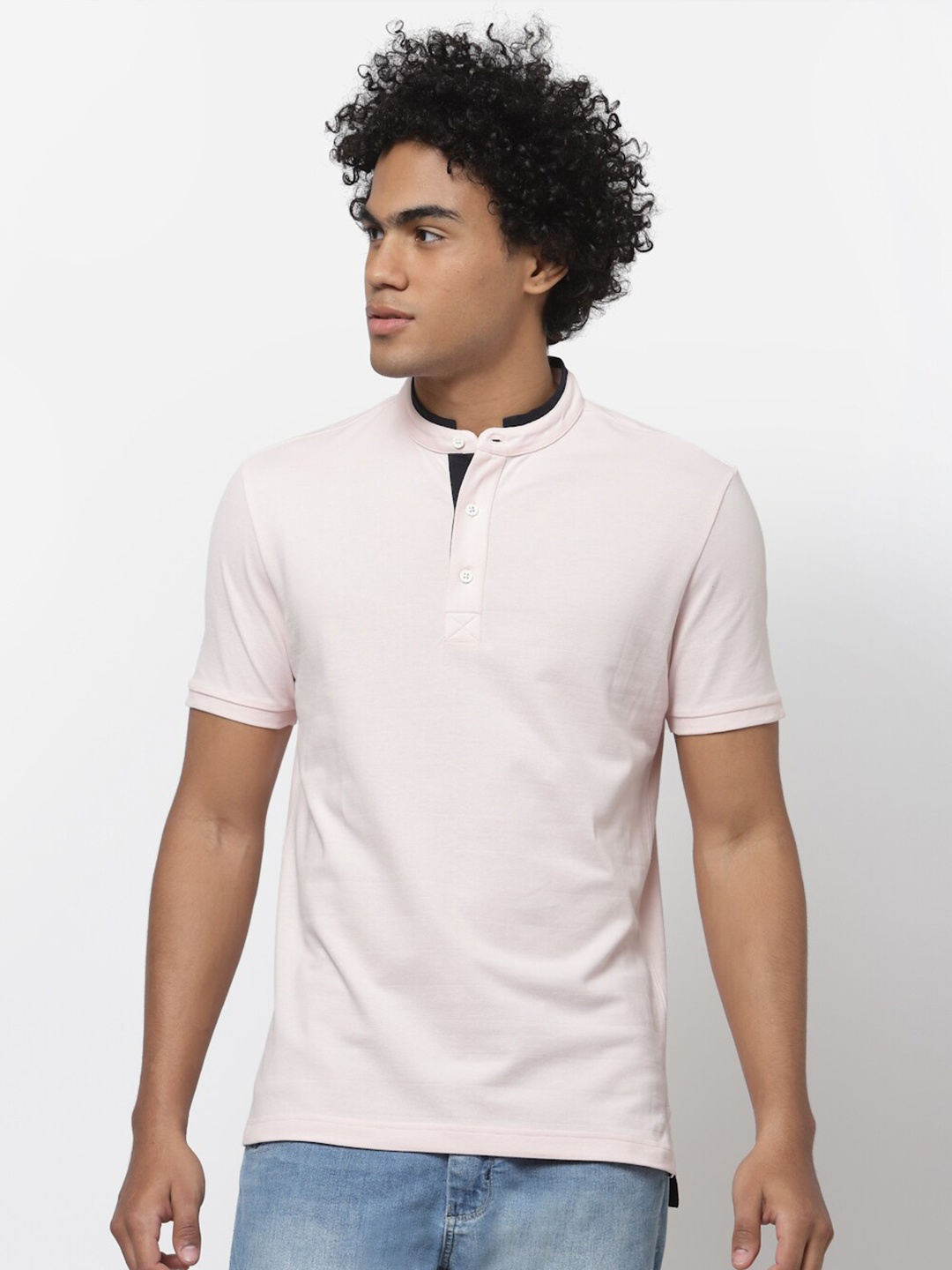 

YOONOY Men Pink Band Collar Slim Fit T-shirt