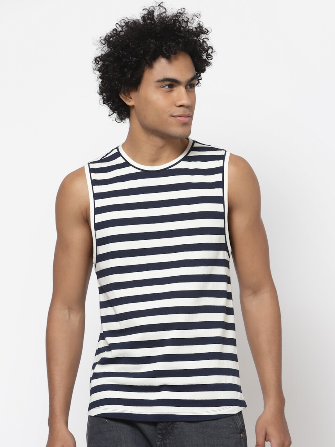 

YOONOY Men Blue & White Striped Sleeveless T-shirt