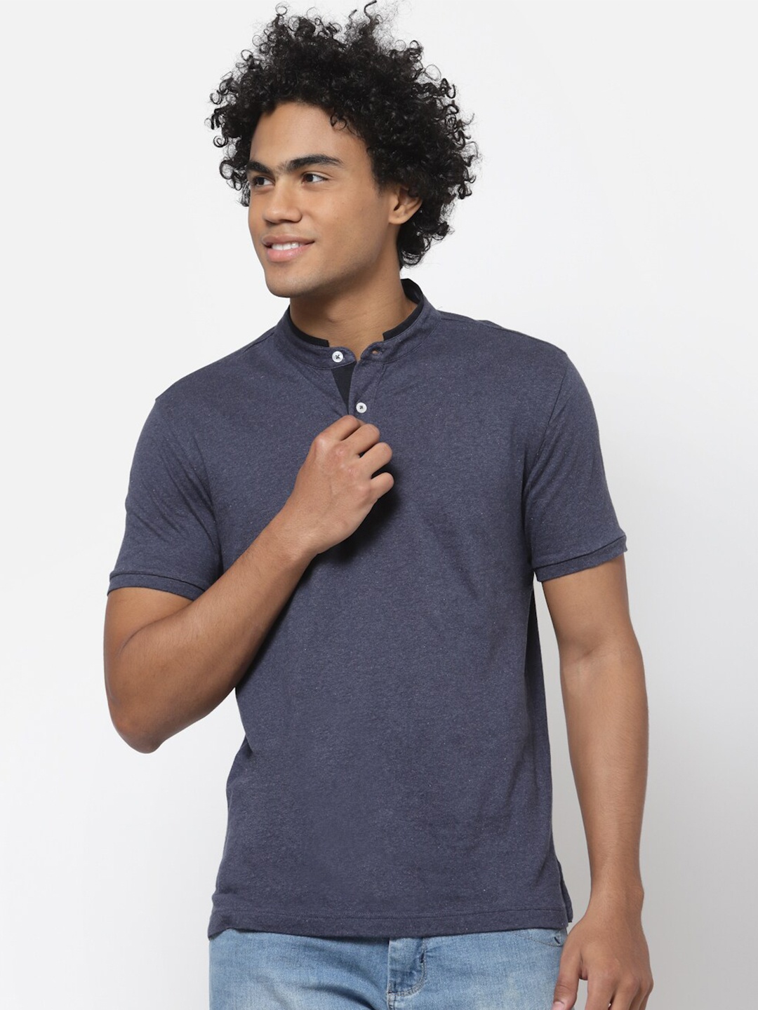

YOONOY Men Blue Band Collar Slim Fit T-shirt