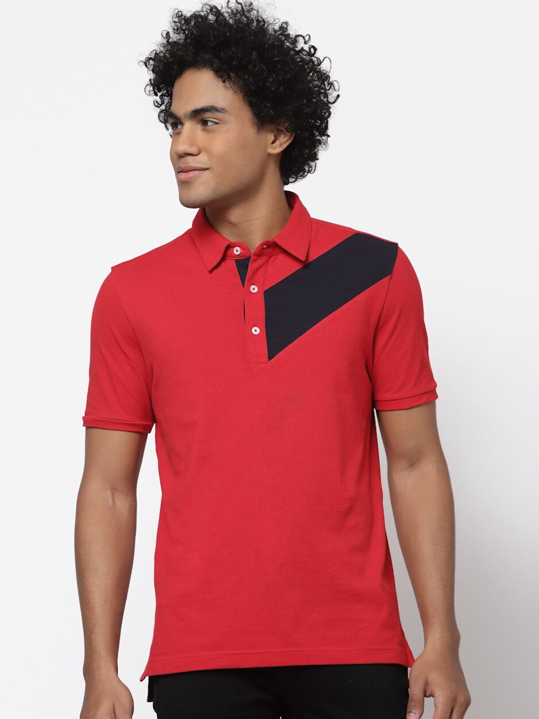 

YOONOY Men Red Colourblocked Polo Collar Slim Fit T-shirt