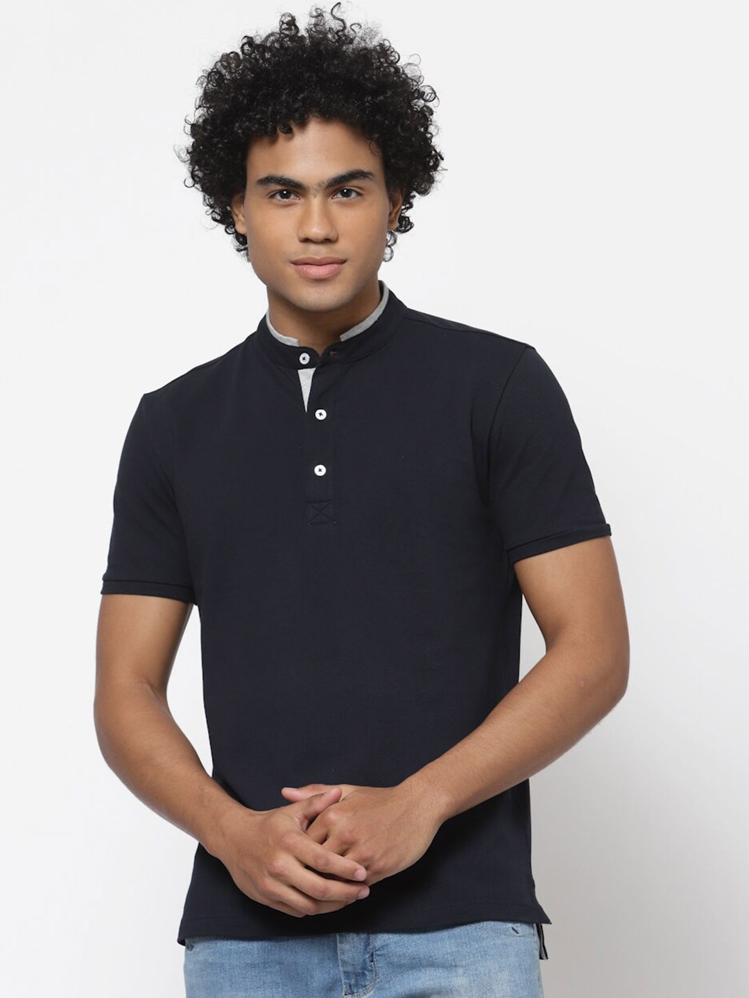 

YOONOY Men Navy Blue Band Collar Slim Fit T-shirt