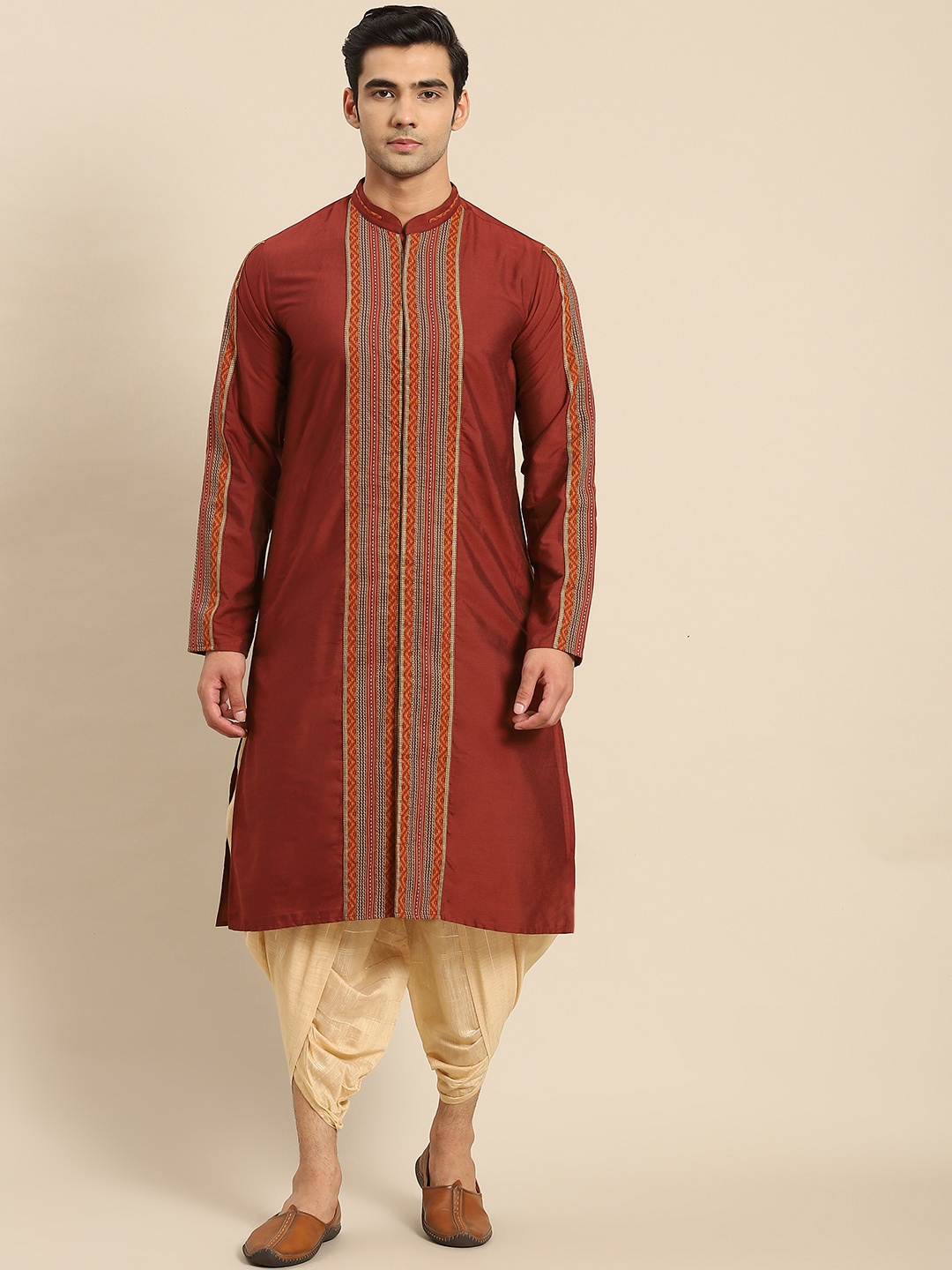 

KISAH Men Maroon Striped Kurta with Dhoti Pants