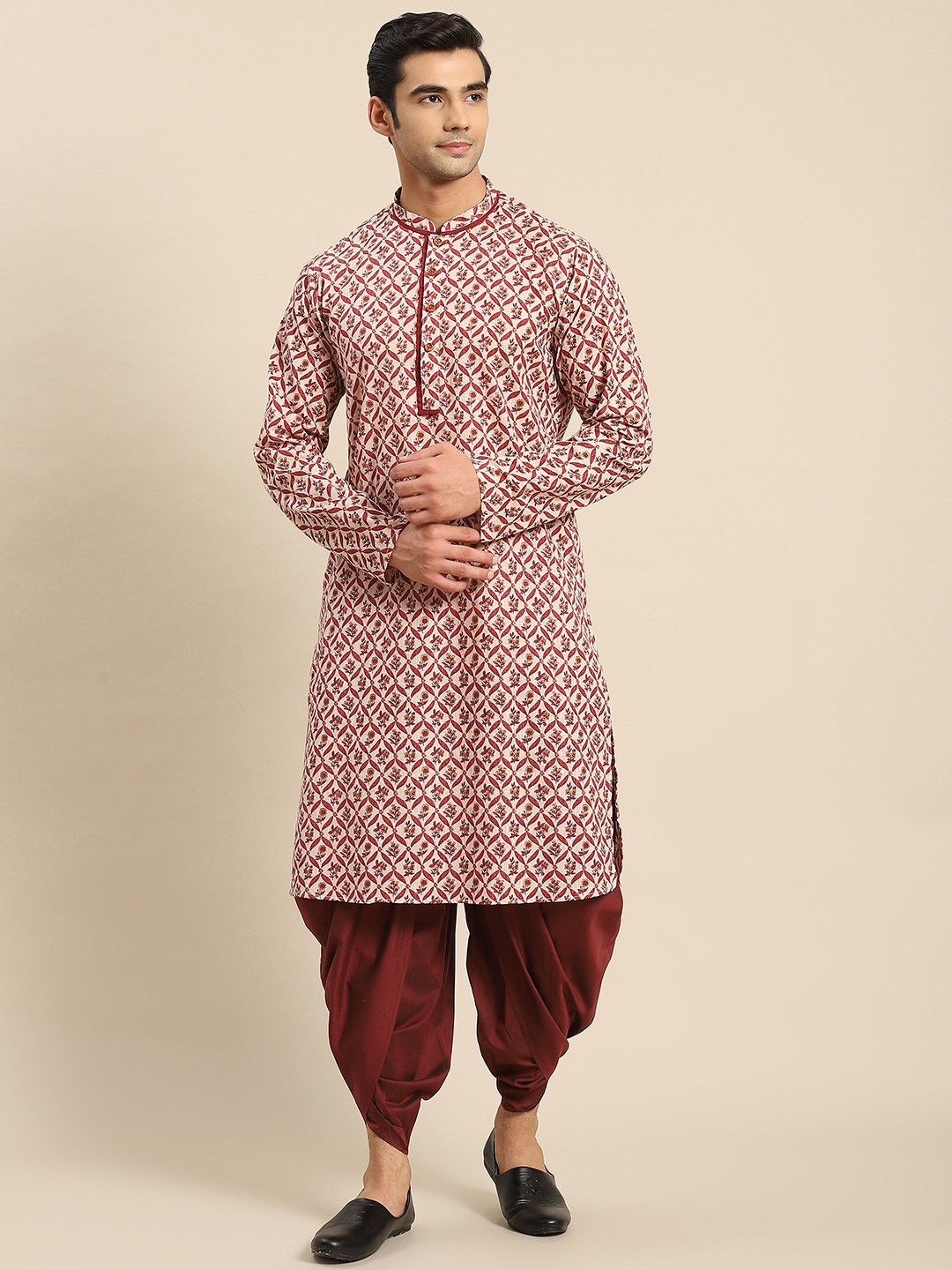 

KISAH Men Peach-Coloured Floral Printed Kurta with Dhoti Pants