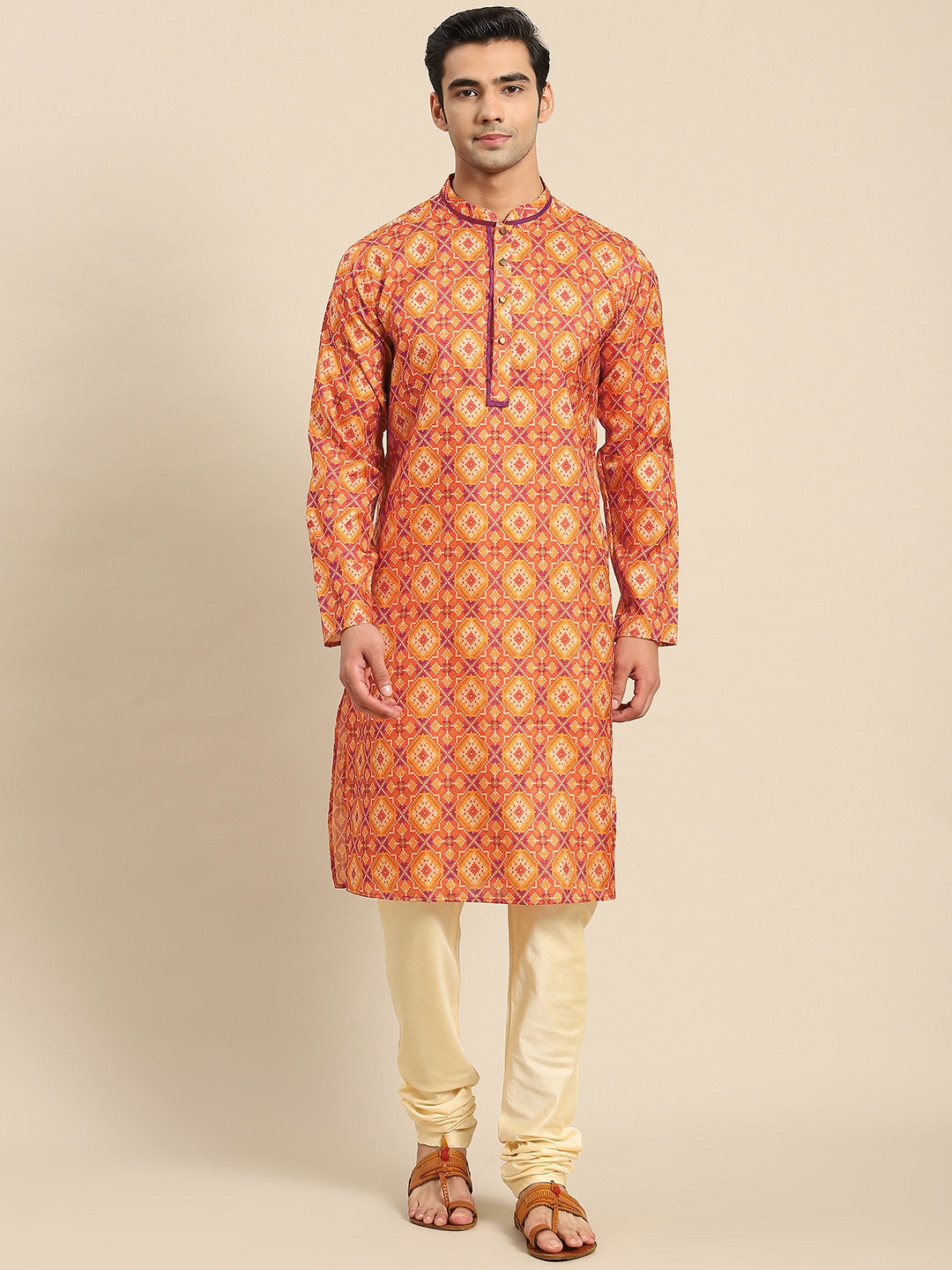 

KISAH Men Orange Printed Kurta with Churidar Set