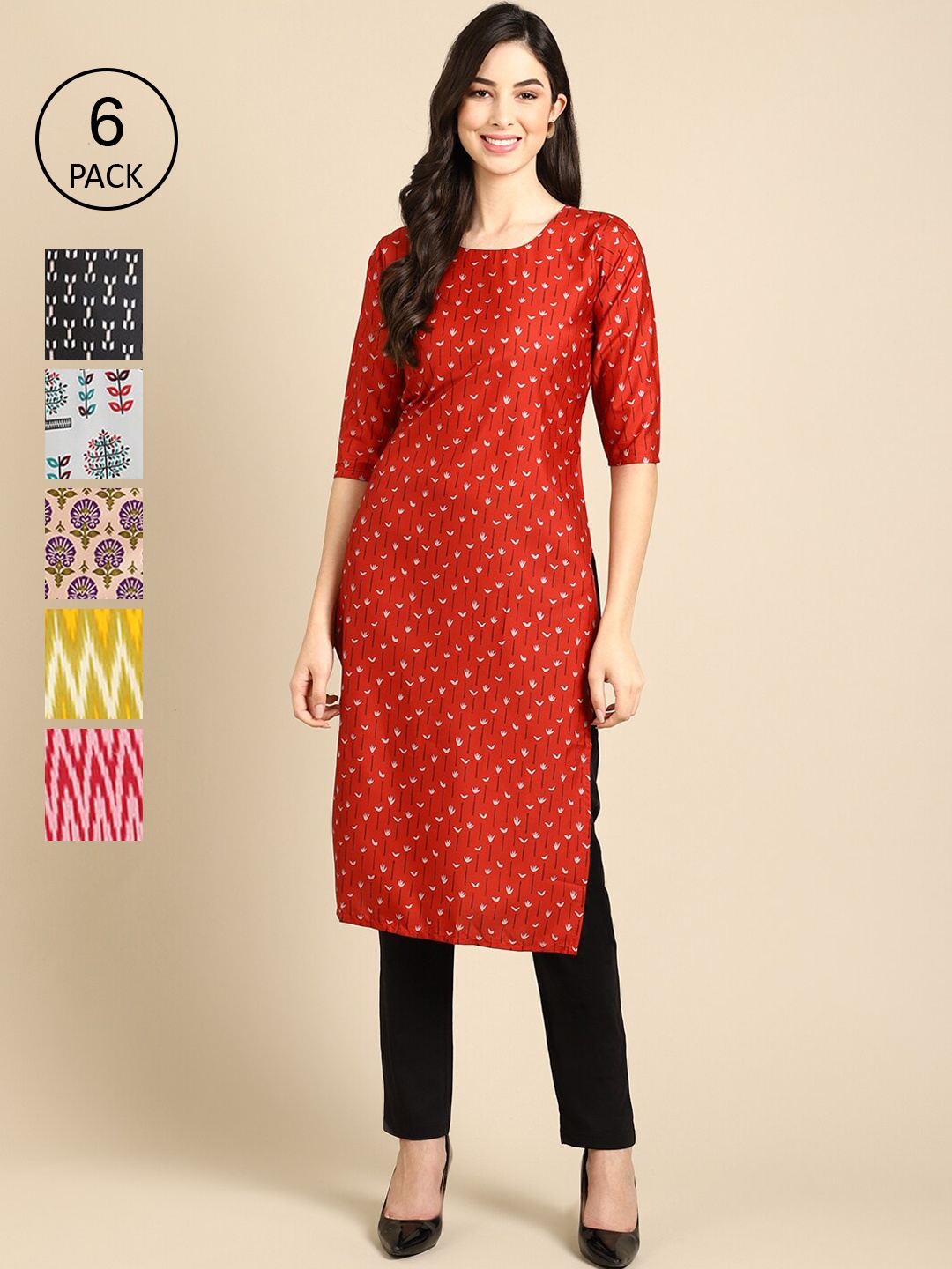 

7Threads Women Pack of 6 Red & Black Crepe Kurta