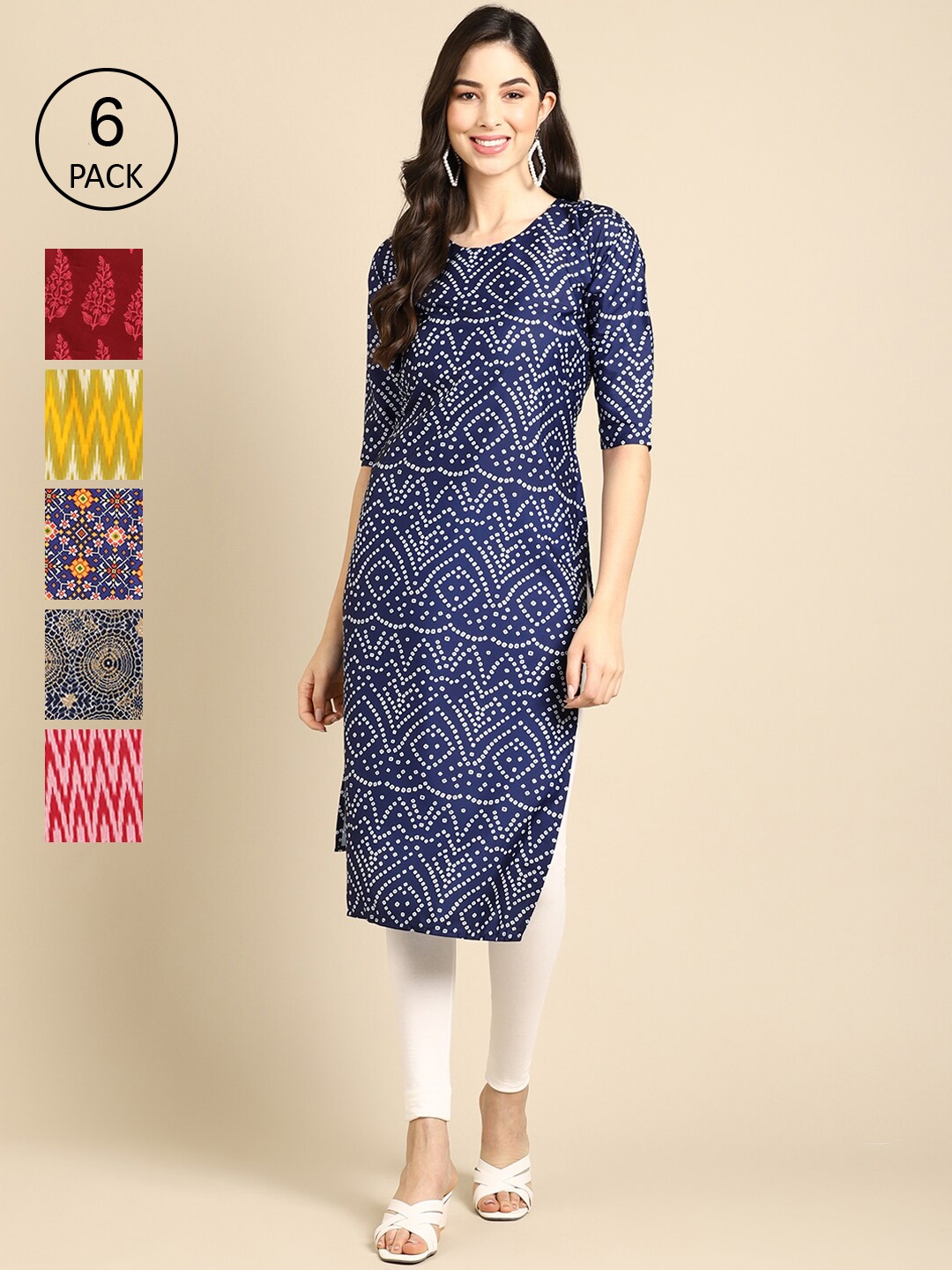 7Threads Women Pack of 6 Geometric Summer Sheers Crepe Kurta, Blue