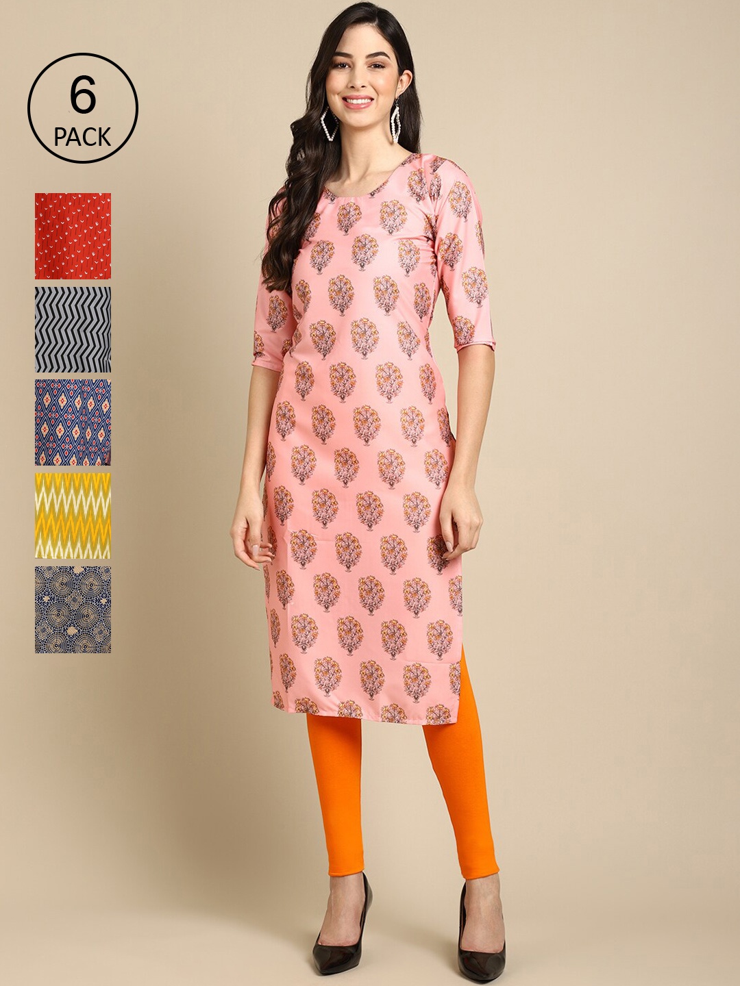 

7Threads Women Pack of 6 Geometric Print Summer Sheers Crepe Kurta, Pink