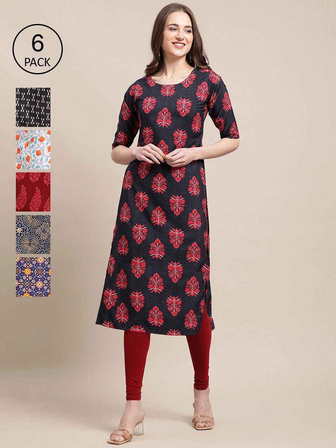 

7Threads Women Pack Of 6 Multicoloured Ethnic motifs Printed Crepe Kurta, Multi