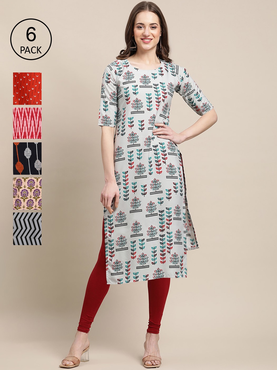 7Threads Women Pack Of 6 Multicoloured Geometric Printed Crepe Kurta, Multi