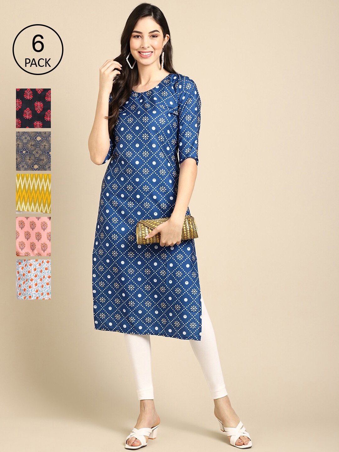 

7Threads Women Pack Of 6 Multicoloured Ethnic motifs Printed Crepe Kurta, Multi