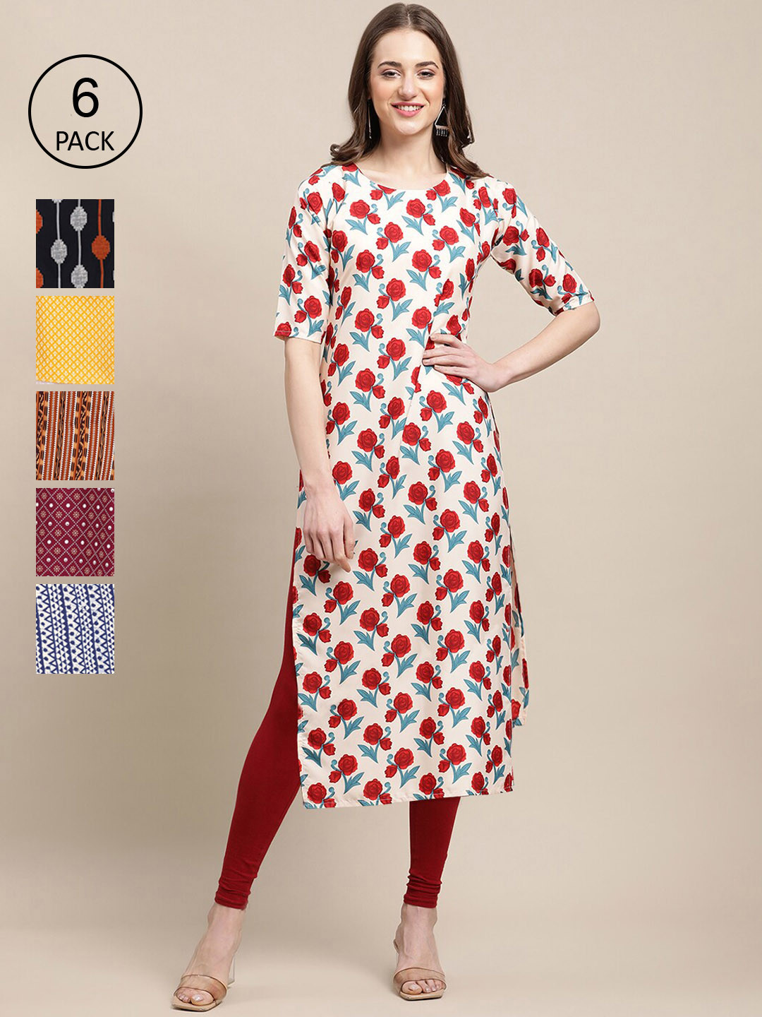 

7Threads Women Pack Of 6 Multicoloured Ethnic motifs Printed Crepe Kurta, Multi