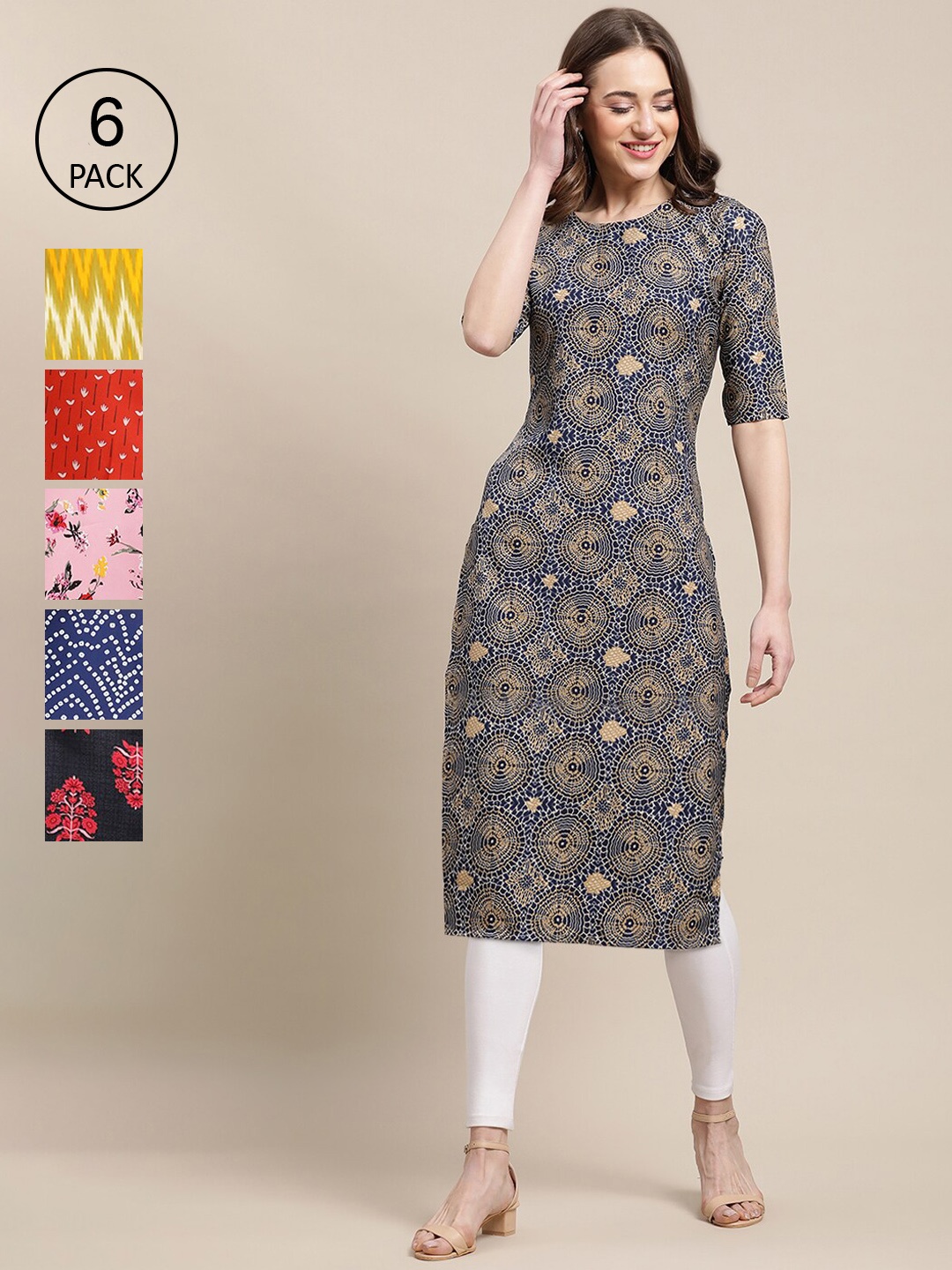 

7Threads Women Pack Of 6 Printed Crepe Kurta, Multi