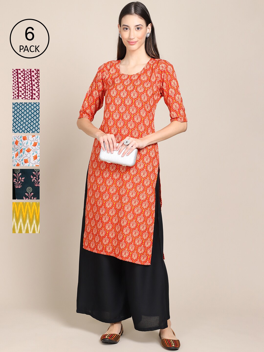 

7Threads Pack Of 6 Women Printed Straight Crepe Kurta, White