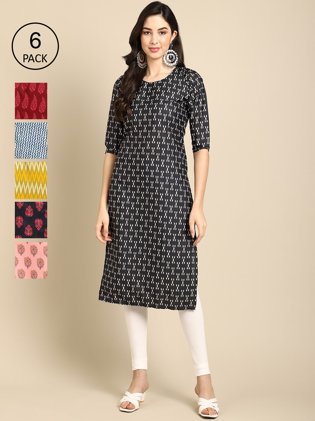 7Threads Pack Of 6 Women Printed Straight Crepe Kurta, Black