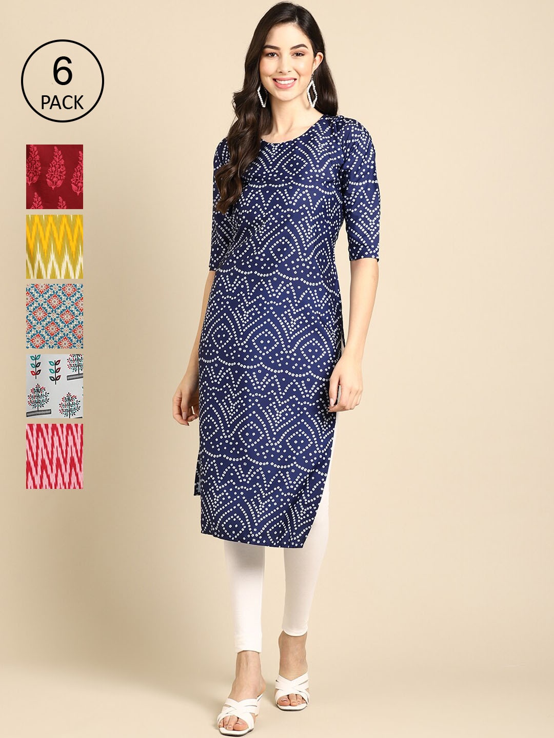 7Threads Women Pack Of 6 Printed Crepe Straight Kurta, Blue